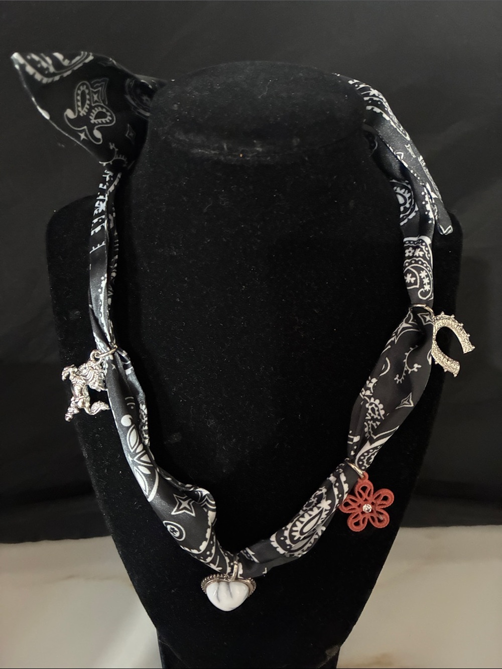 Homemade Black Bandana-Style Necklace Scarf with Mixed Charms